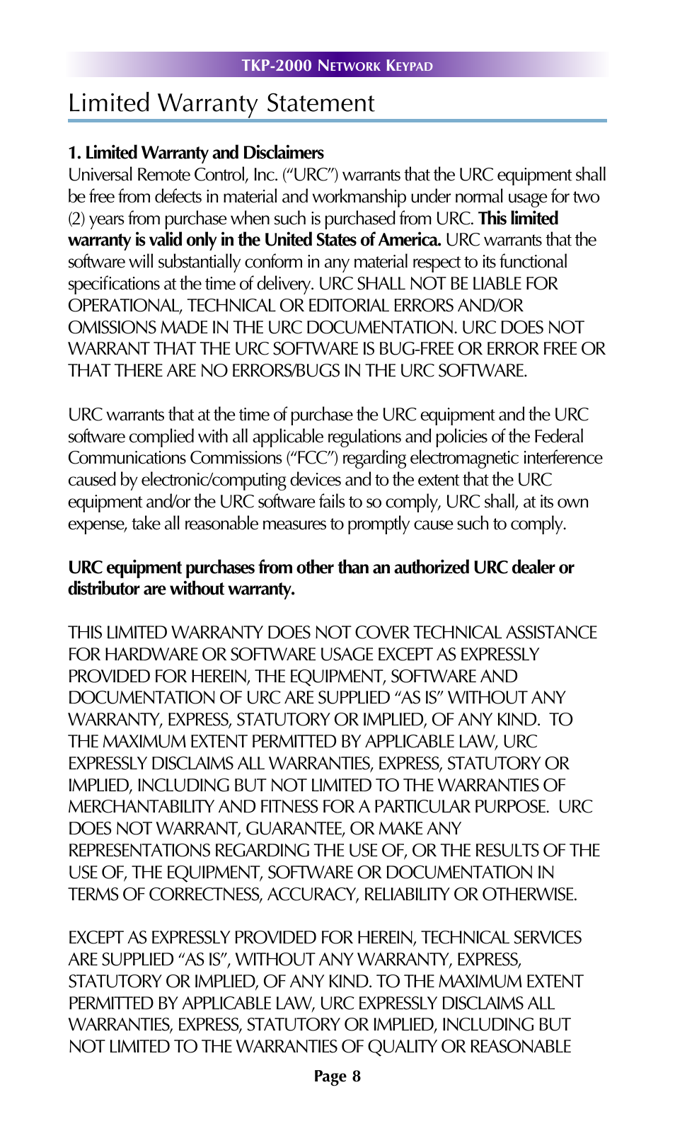 Federal communication commissio, Federal communication commission, Limited warranty statement | Universal Remote Control (URS) TKP-2000 User Manual | Page 11 / 19