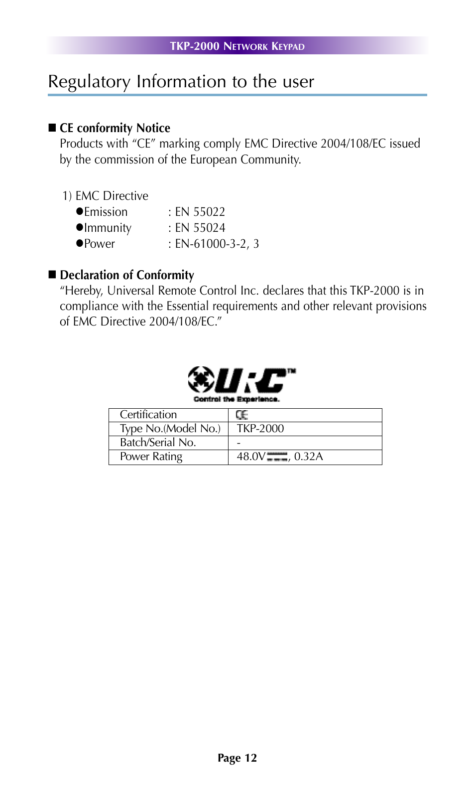 Regulatory information to the user | Universal Remote Control (URS) TKP-2000 User Manual | Page 15 / 19