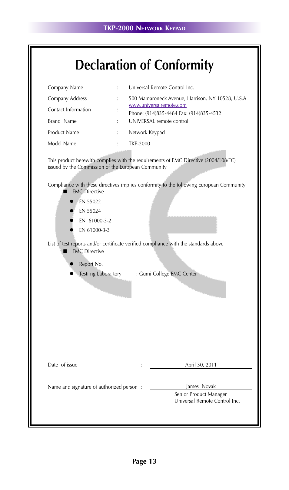Declaration of conformity | Universal Remote Control (URS) TKP-2000 User Manual | Page 16 / 19