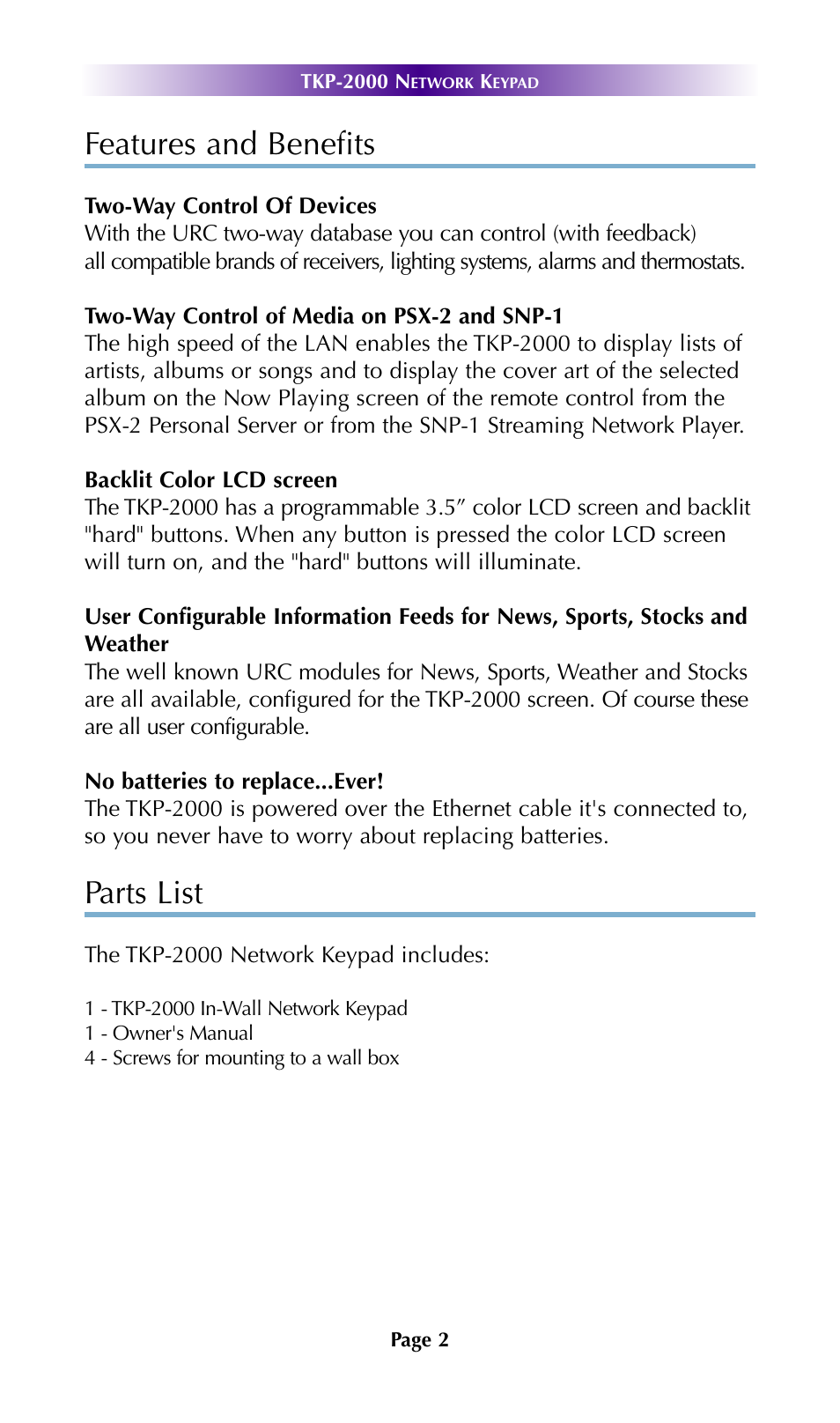Sound, Adjusting brightness, System | Network, Features and benefits, Parts list | Universal Remote Control (URS) TKP-2000 User Manual | Page 5 / 19