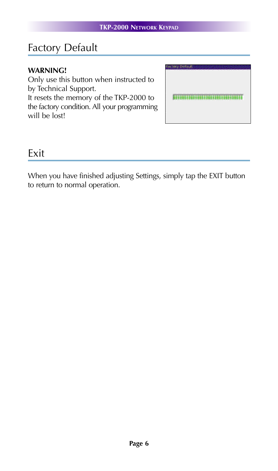 Factory default, Exit | Universal Remote Control (URS) TKP-2000 User Manual | Page 9 / 19