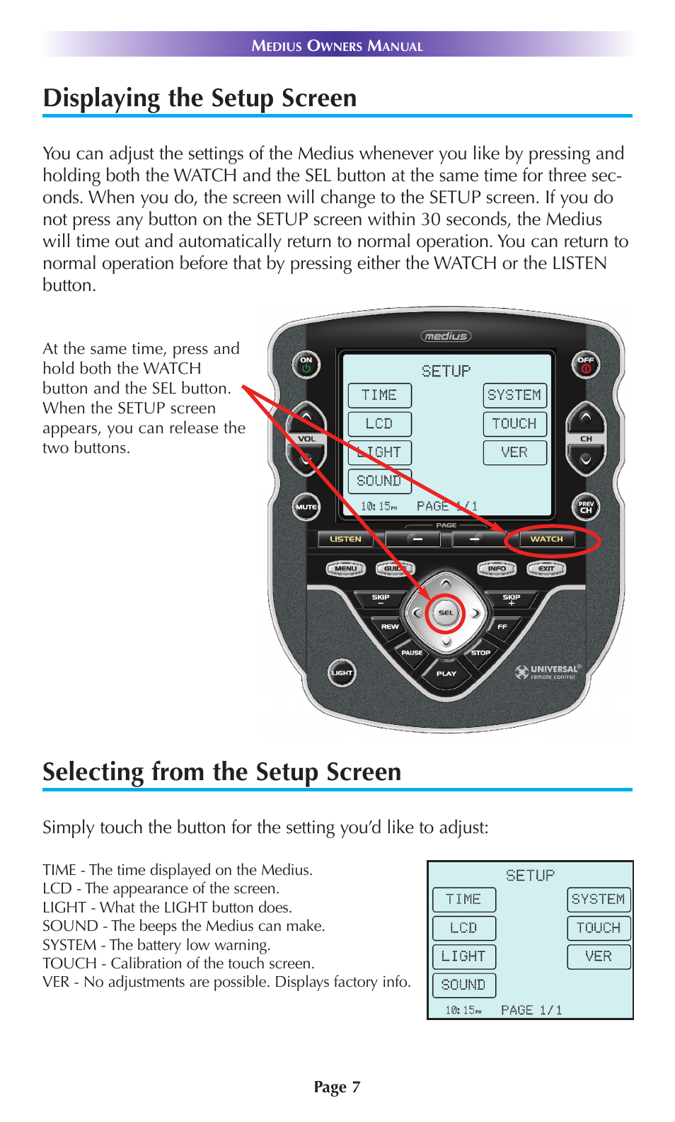 Displaying the setup screen, Selecting from the setup screen | Universal Remote Control (URS) TX-1000 User Manual | Page 10 / 20