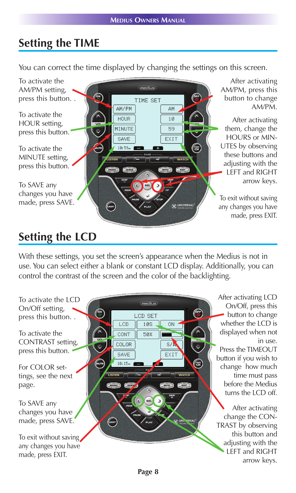 Setting the time, Setting the lcd | Universal Remote Control (URS) TX-1000 User Manual | Page 11 / 20