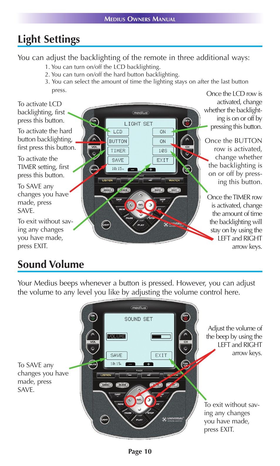 Light settings, Sound volume | Universal Remote Control (URS) TX-1000 User Manual | Page 13 / 20