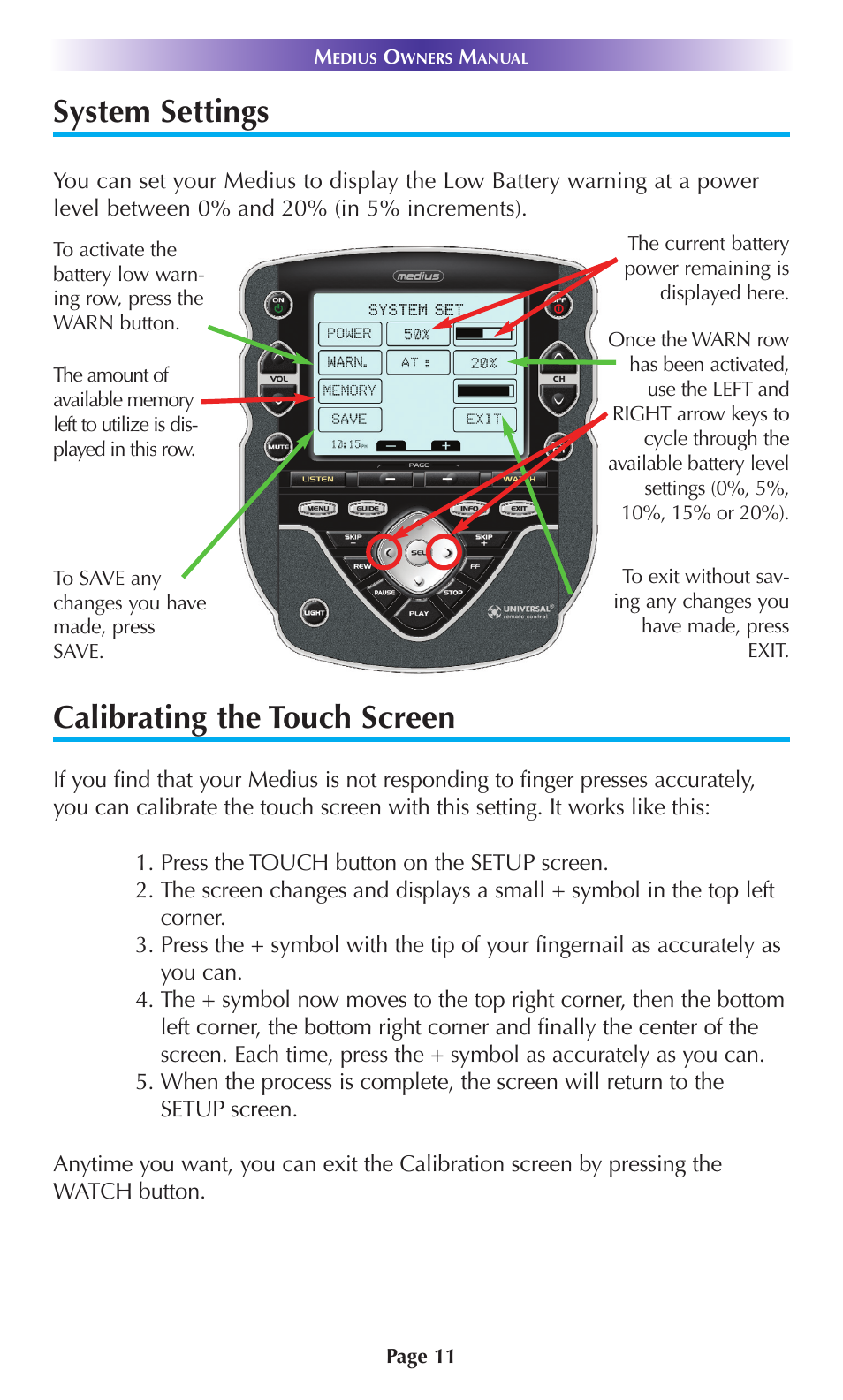 System settings, Calibrating the touch screen | Universal Remote Control (URS) TX-1000 User Manual | Page 14 / 20