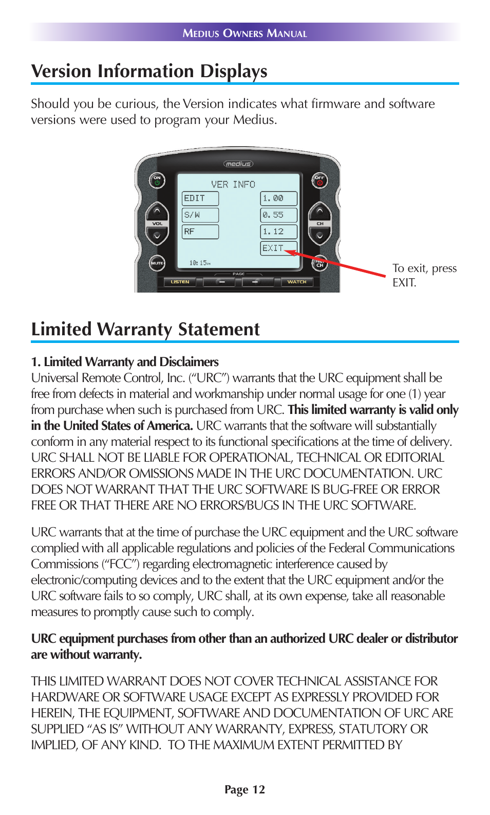 Version information displays, Limited warranty statement | Universal Remote Control (URS) TX-1000 User Manual | Page 15 / 20