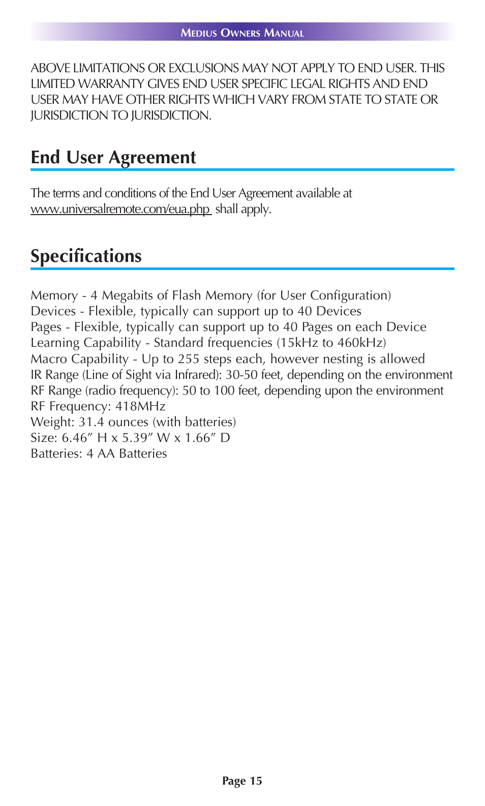 End user agreement, Specifications | Universal Remote Control (URS) TX-1000 User Manual | Page 18 / 20