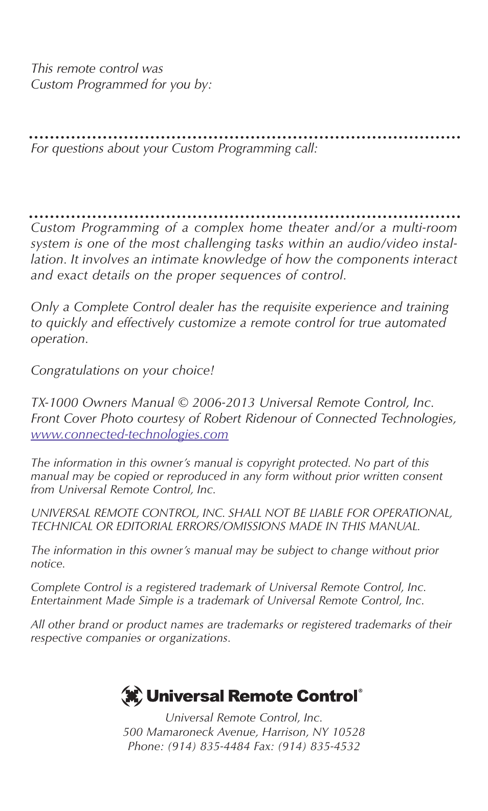 Universal Remote Control (URS) TX-1000 User Manual | Page 2 / 20