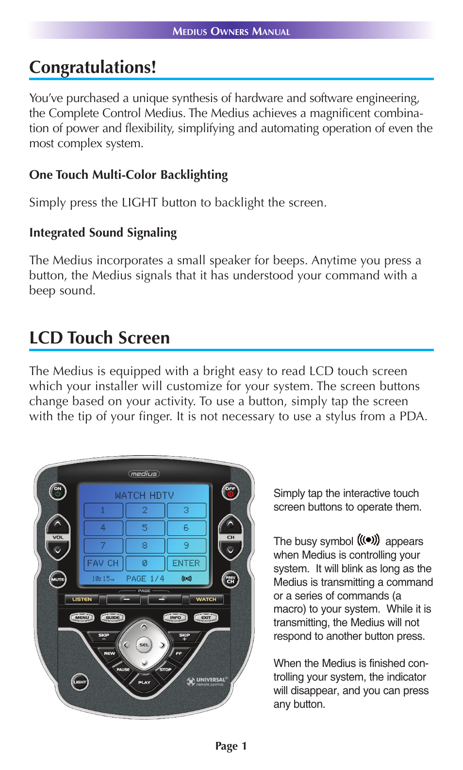 Lcd touch screen | Universal Remote Control (URS) TX-1000 User Manual | Page 4 / 20