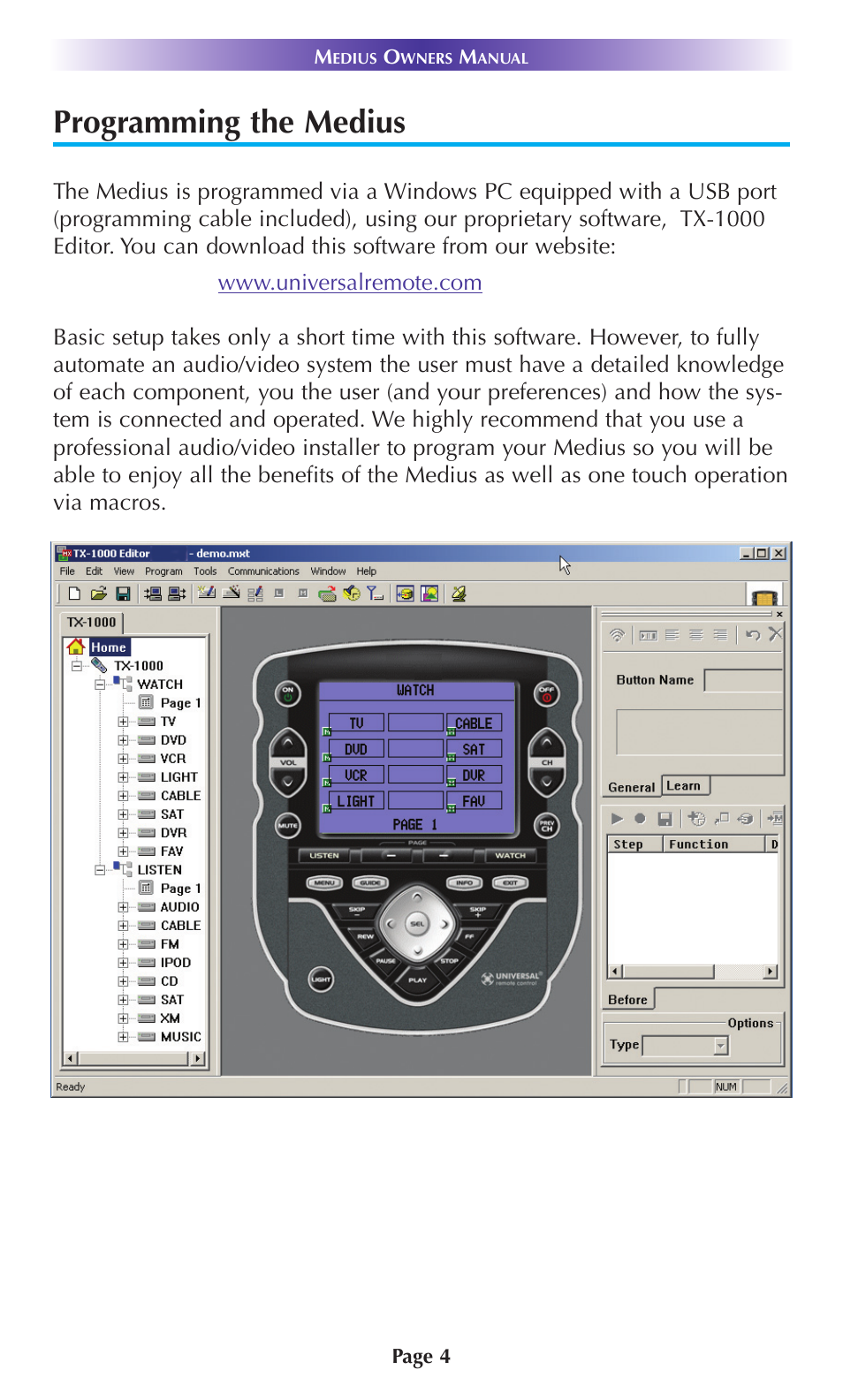 Programming the medius | Universal Remote Control (URS) TX-1000 User Manual | Page 7 / 20