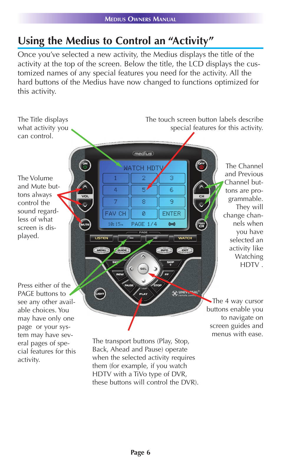 Using the medius to control an “activity | Universal Remote Control (URS) TX-1000 User Manual | Page 9 / 20