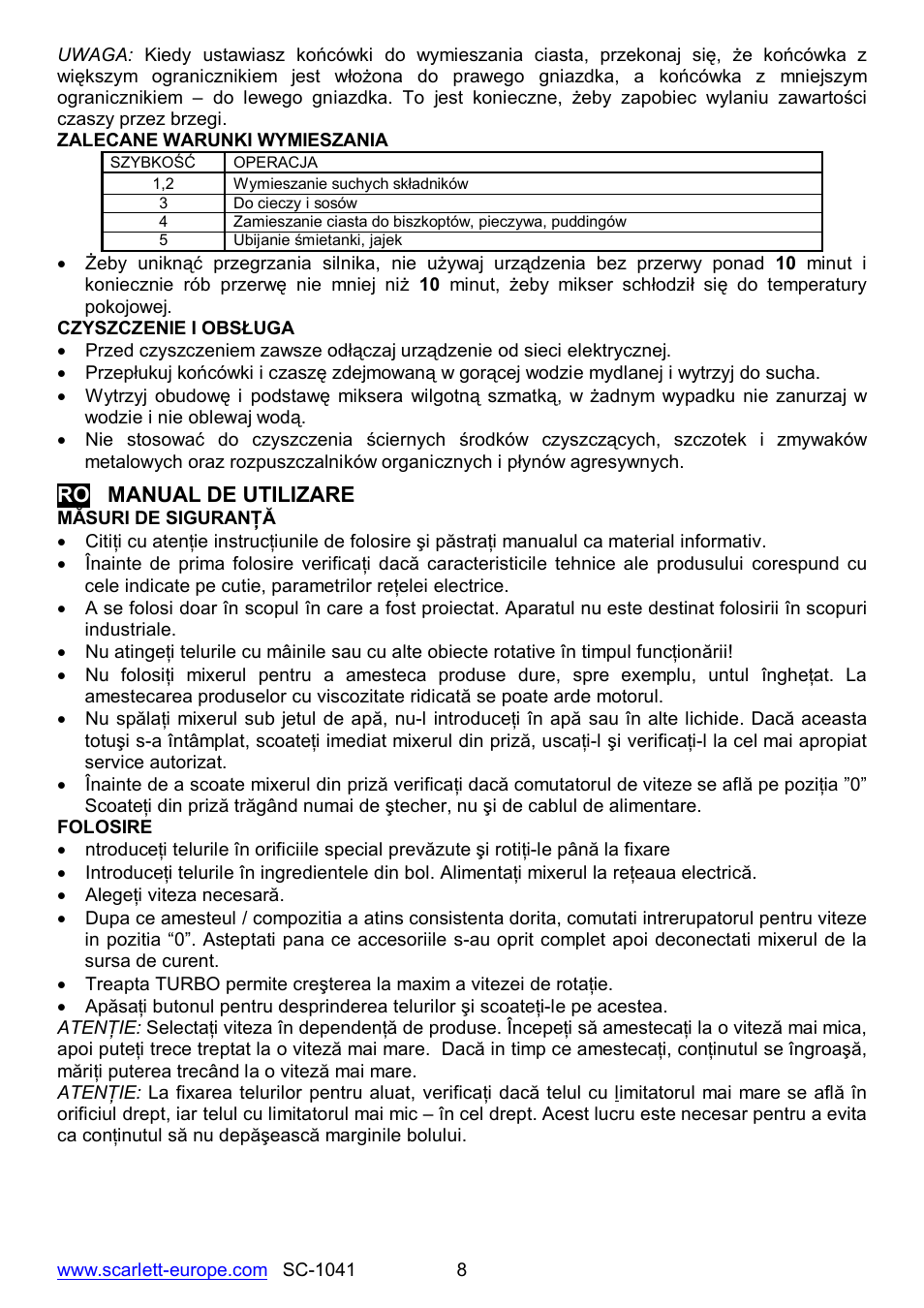 Ro manual de utilizare | Scarlett SC-1041 User Manual | Page 8 / 16