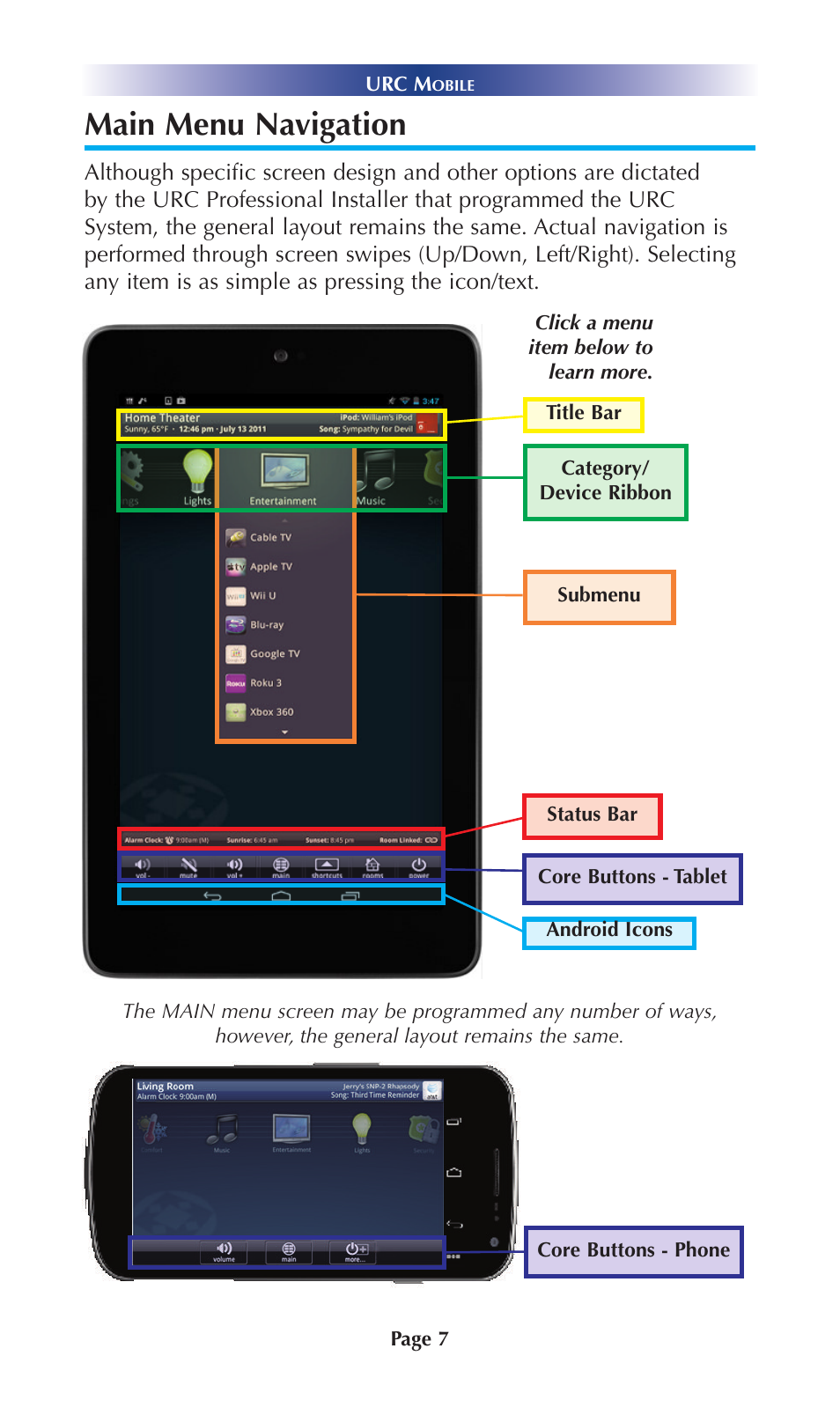 Main menu navigation | Universal Remote Control (URS) Mobile for Android User Manual | Page 12 / 41