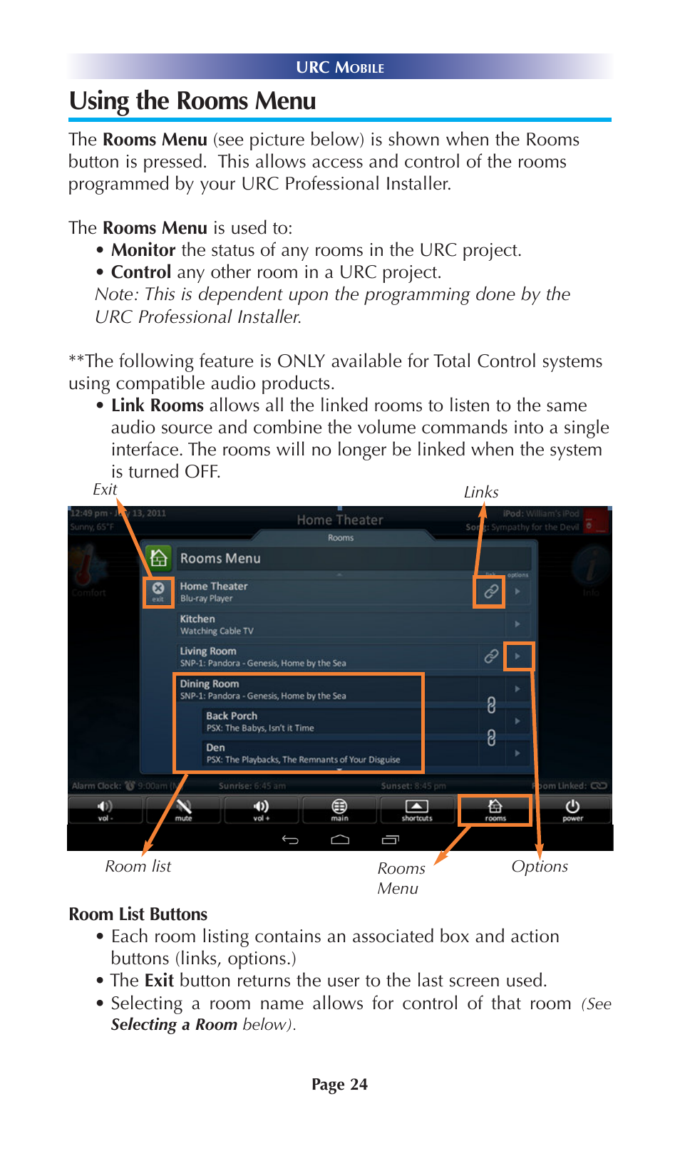 Using the rooms menu | Universal Remote Control (URS) Mobile for Android User Manual | Page 29 / 41