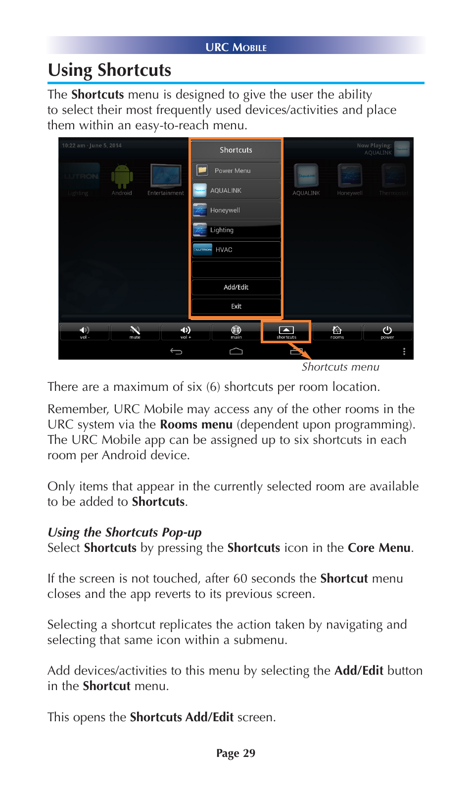 Using shortcuts | Universal Remote Control (URS) Mobile for Android User Manual | Page 34 / 41