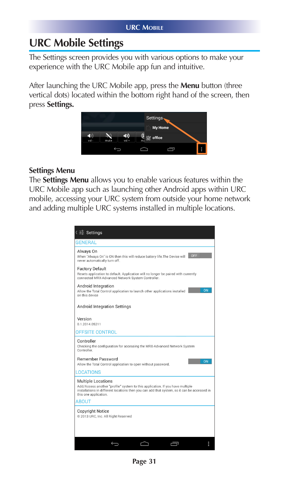 Urc mobile settings | Universal Remote Control (URS) Mobile for Android User Manual | Page 36 / 41