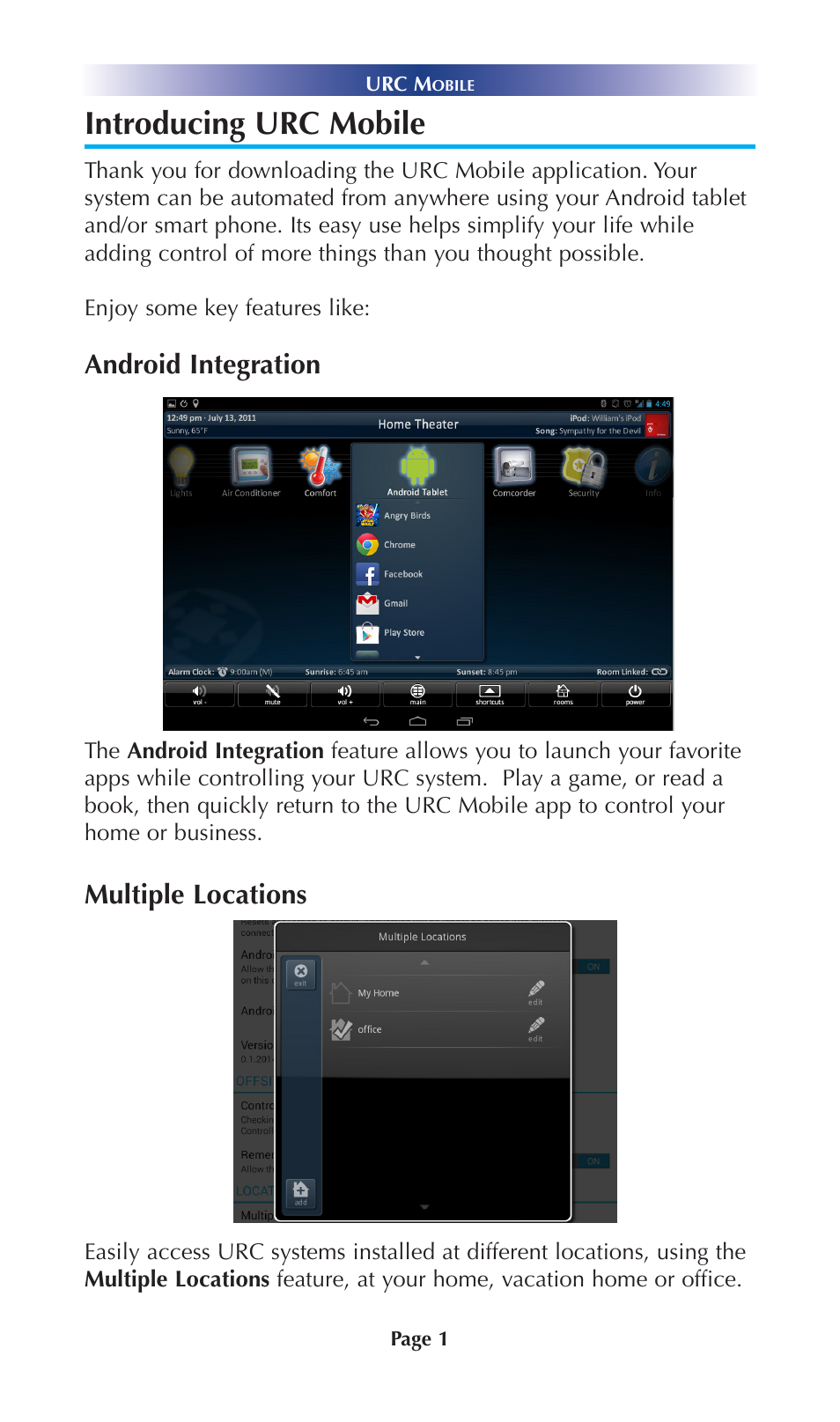 Introducing urc mobile, Android integration, Multiple locations | Universal Remote Control (URS) Mobile for Android User Manual | Page 6 / 41