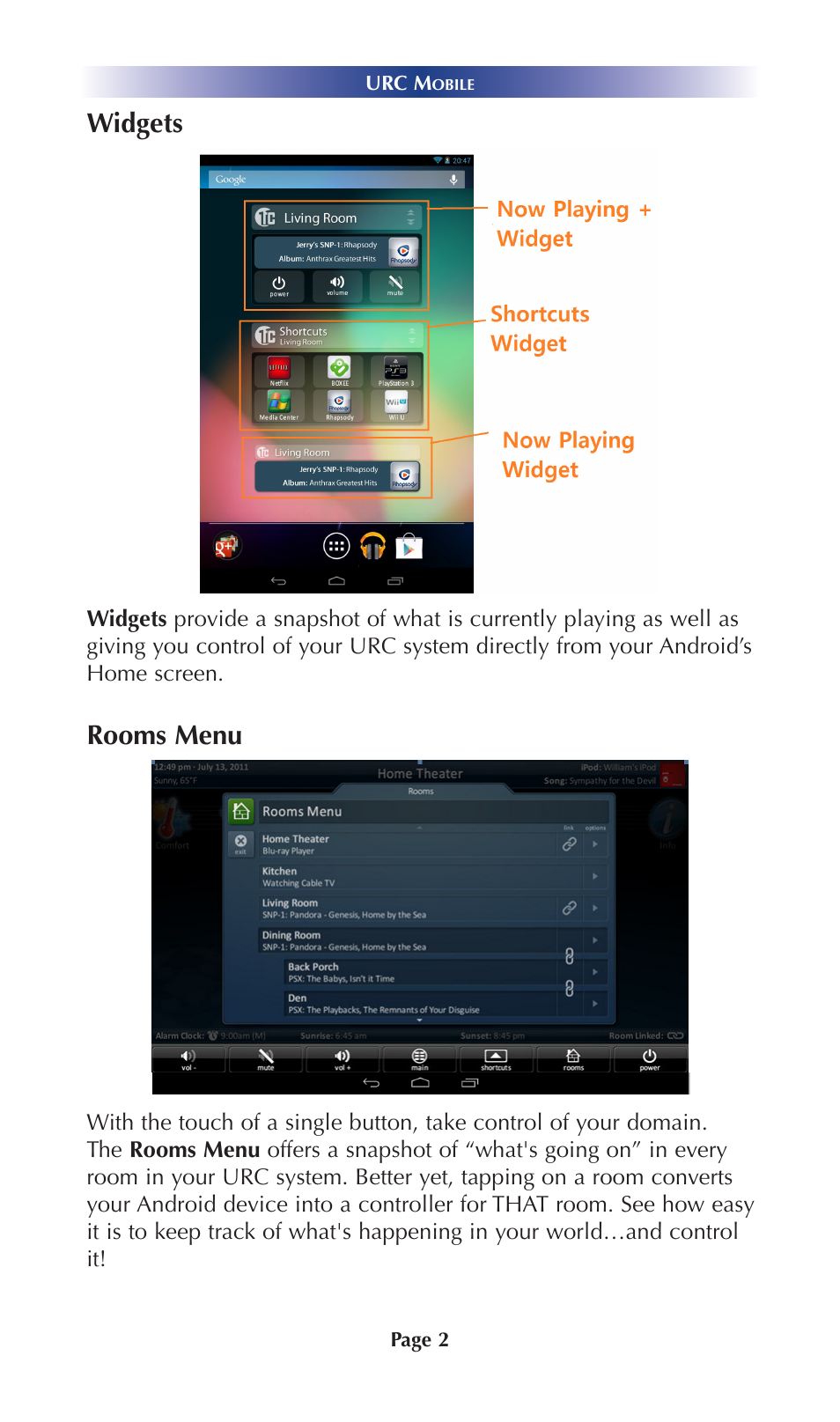 Widgets, Rooms menu | Universal Remote Control (URS) Mobile for Android User Manual | Page 7 / 41