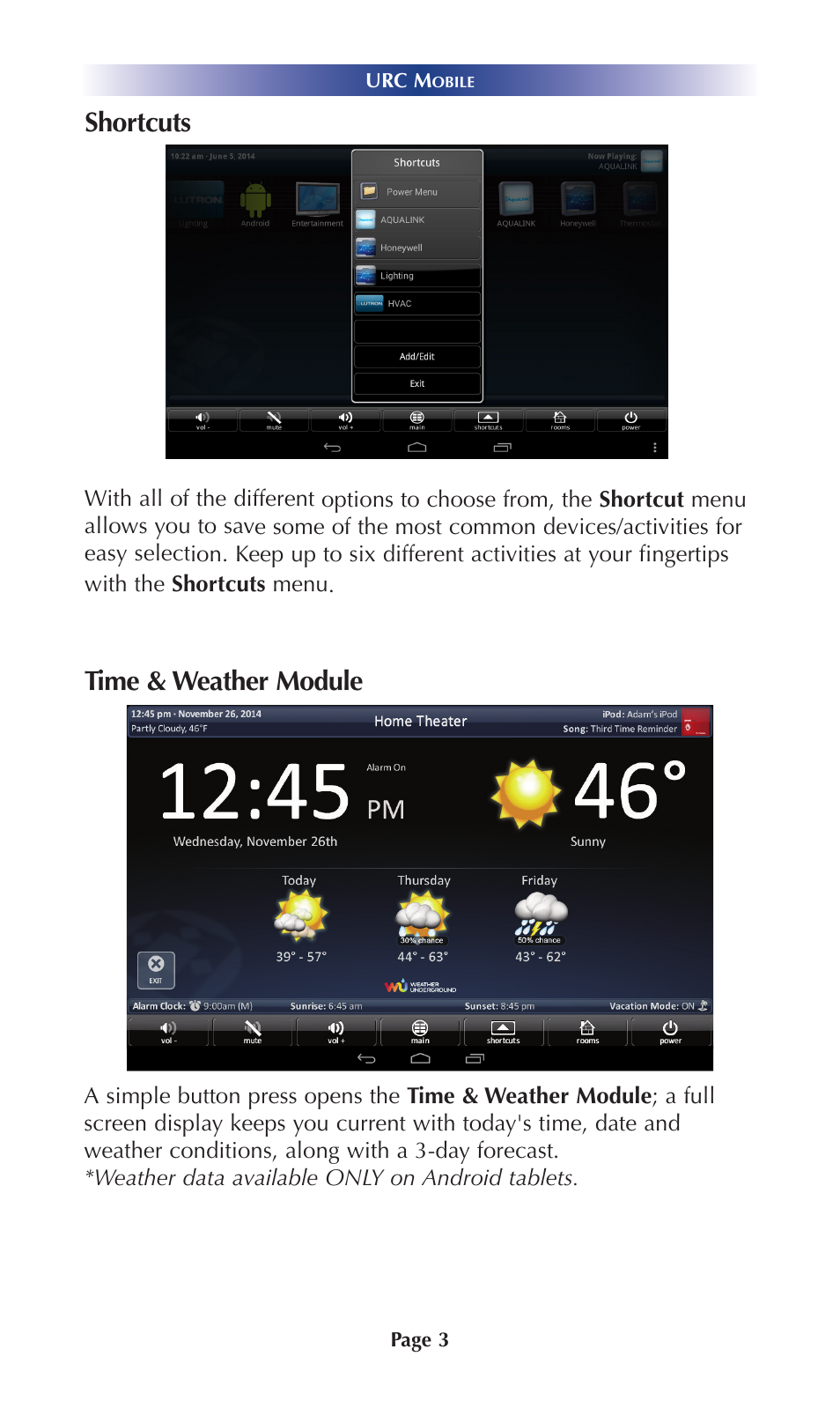 Shortcuts, Time & weather module | Universal Remote Control (URS) Mobile for Android User Manual | Page 8 / 41