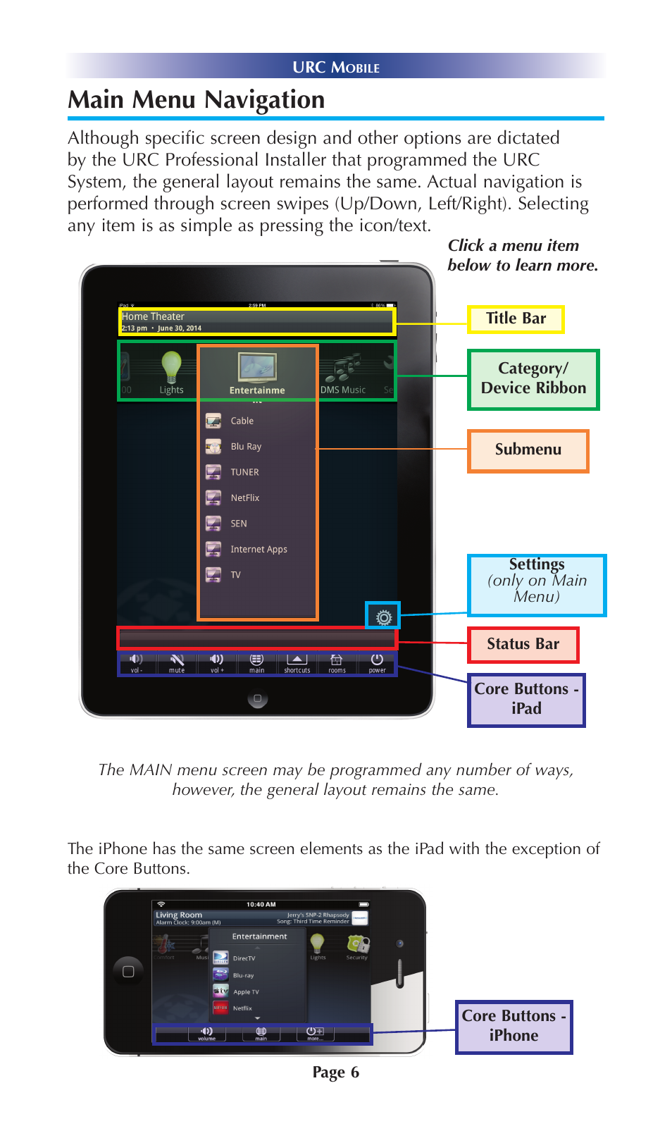 Main menu navigation | Universal Remote Control (URS) Mobile for iOS v2 User Manual | Page 11 / 34