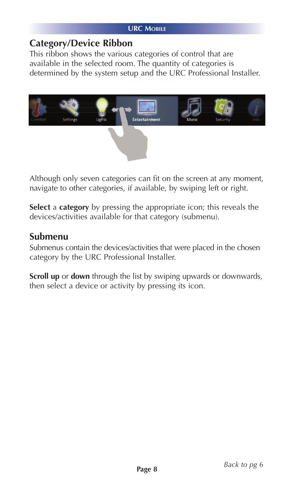 Category, Device ribbon, Submenu | Category/device ribbon | Universal Remote Control (URS) Mobile for iOS v2 User Manual | Page 13 / 34