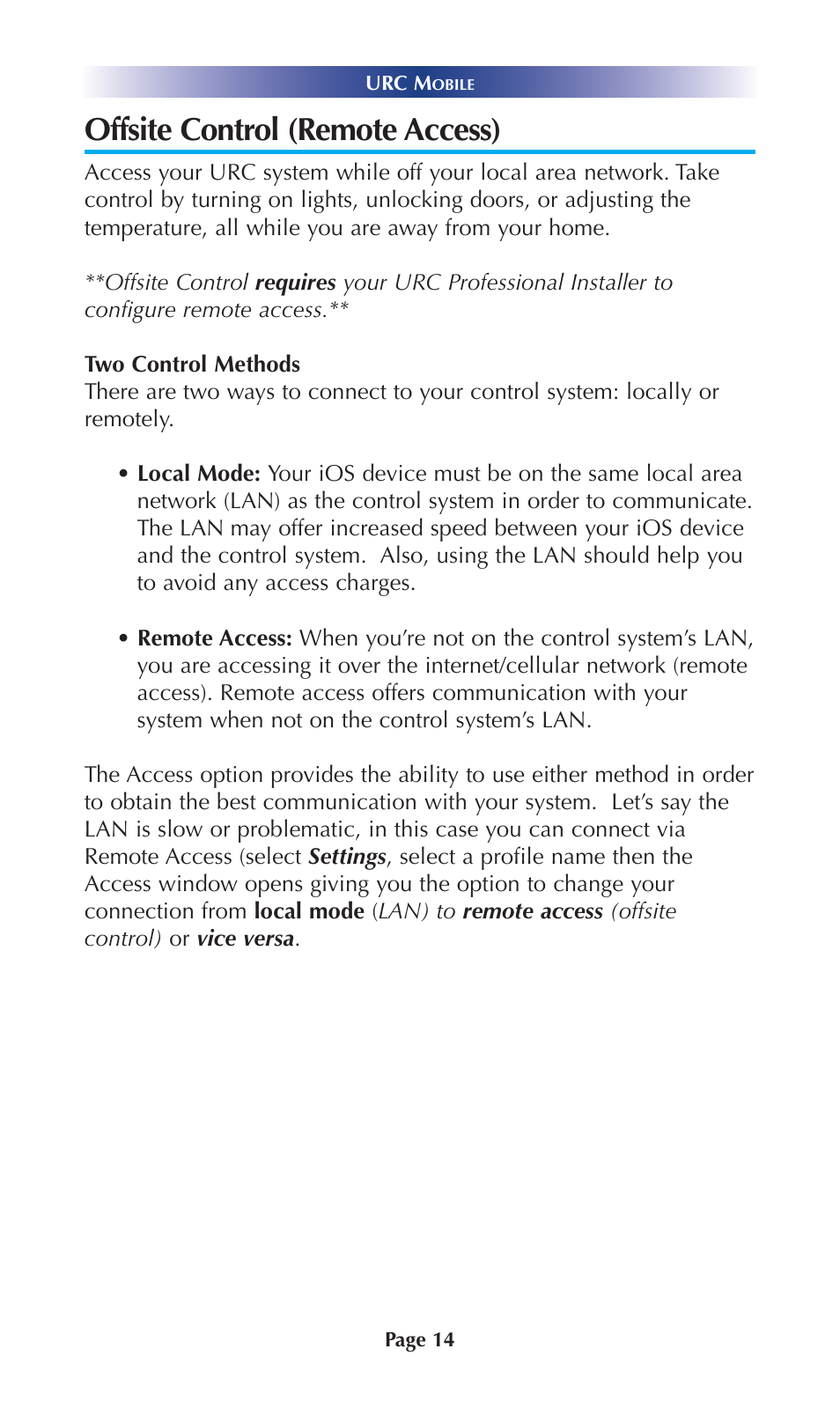 Offsite control (remote access) | Universal Remote Control (URS) Mobile for iOS v2 User Manual | Page 19 / 34