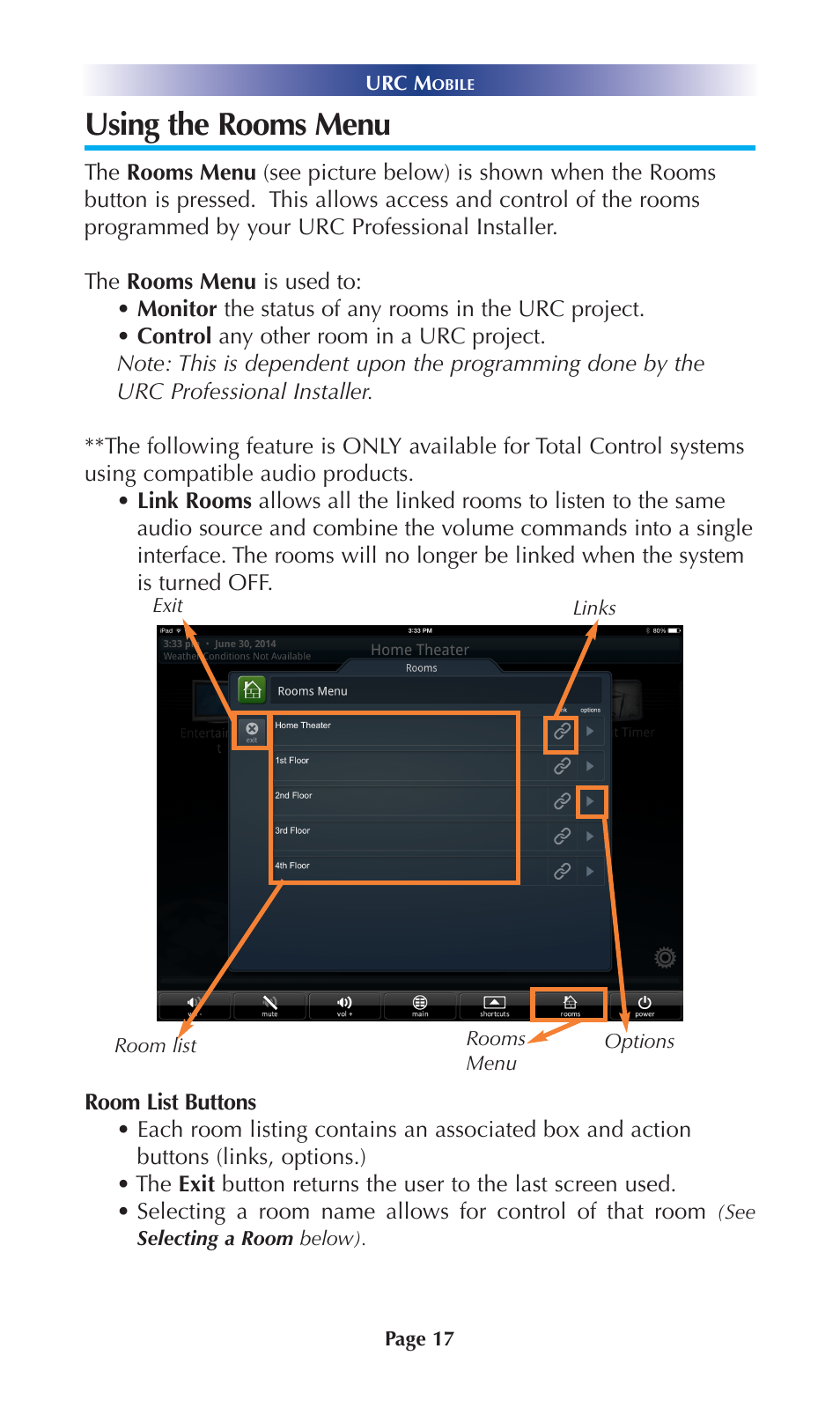 Using the rooms menu | Universal Remote Control (URS) Mobile for iOS v2 User Manual | Page 22 / 34