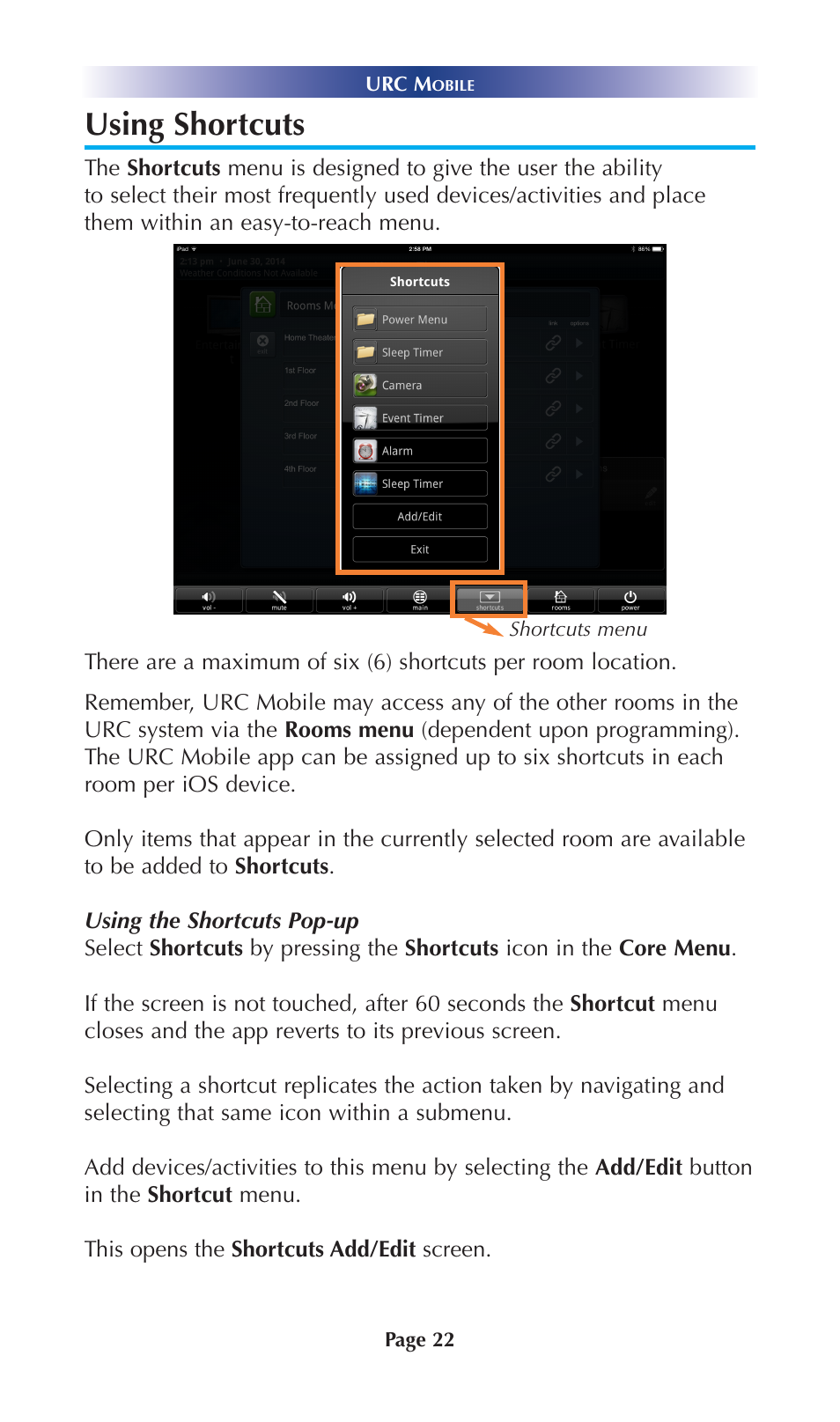 Using shortcuts | Universal Remote Control (URS) Mobile for iOS v2 User Manual | Page 27 / 34