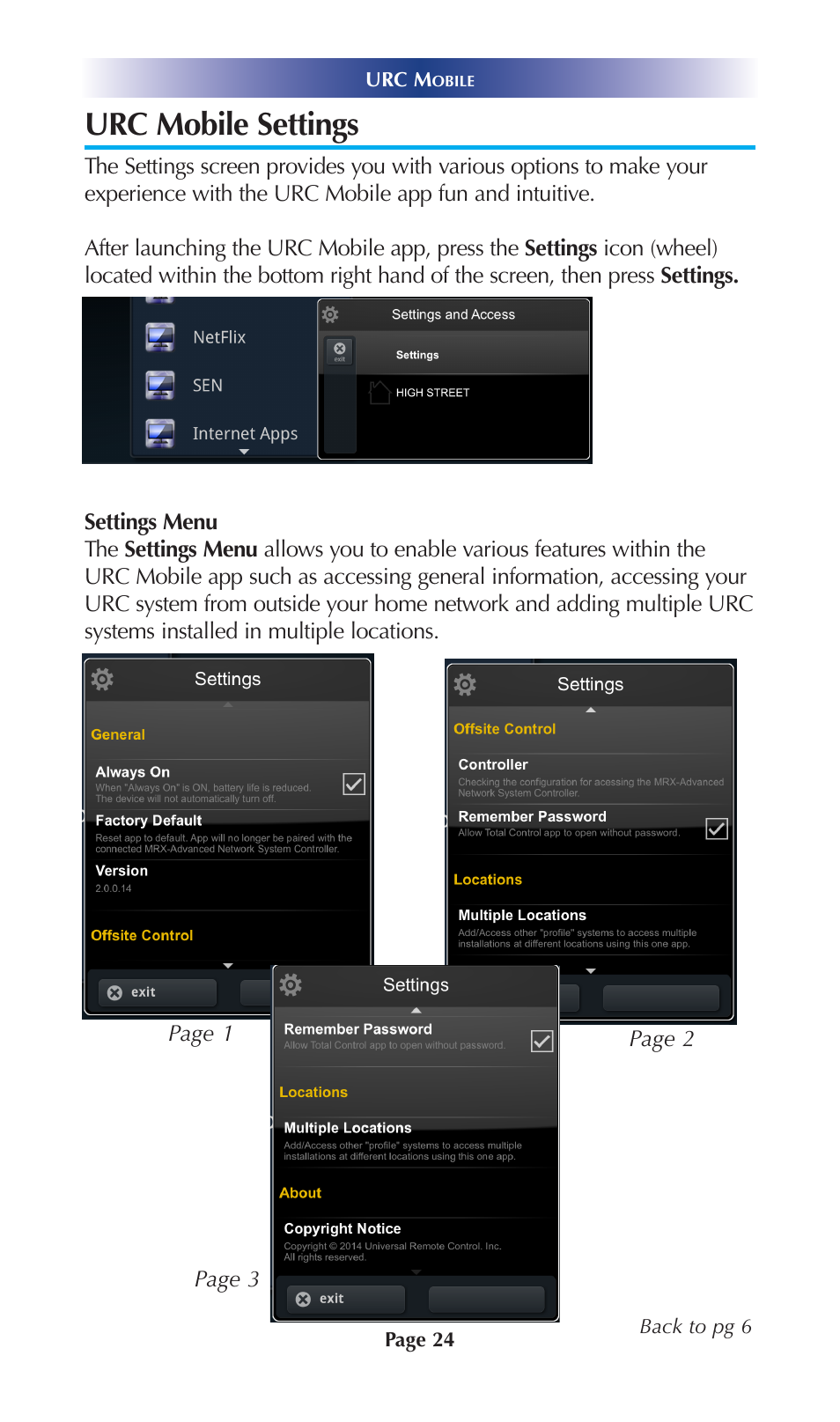 Urc mobile settings, Settings | Universal Remote Control (URS) Mobile for iOS v2 User Manual | Page 29 / 34