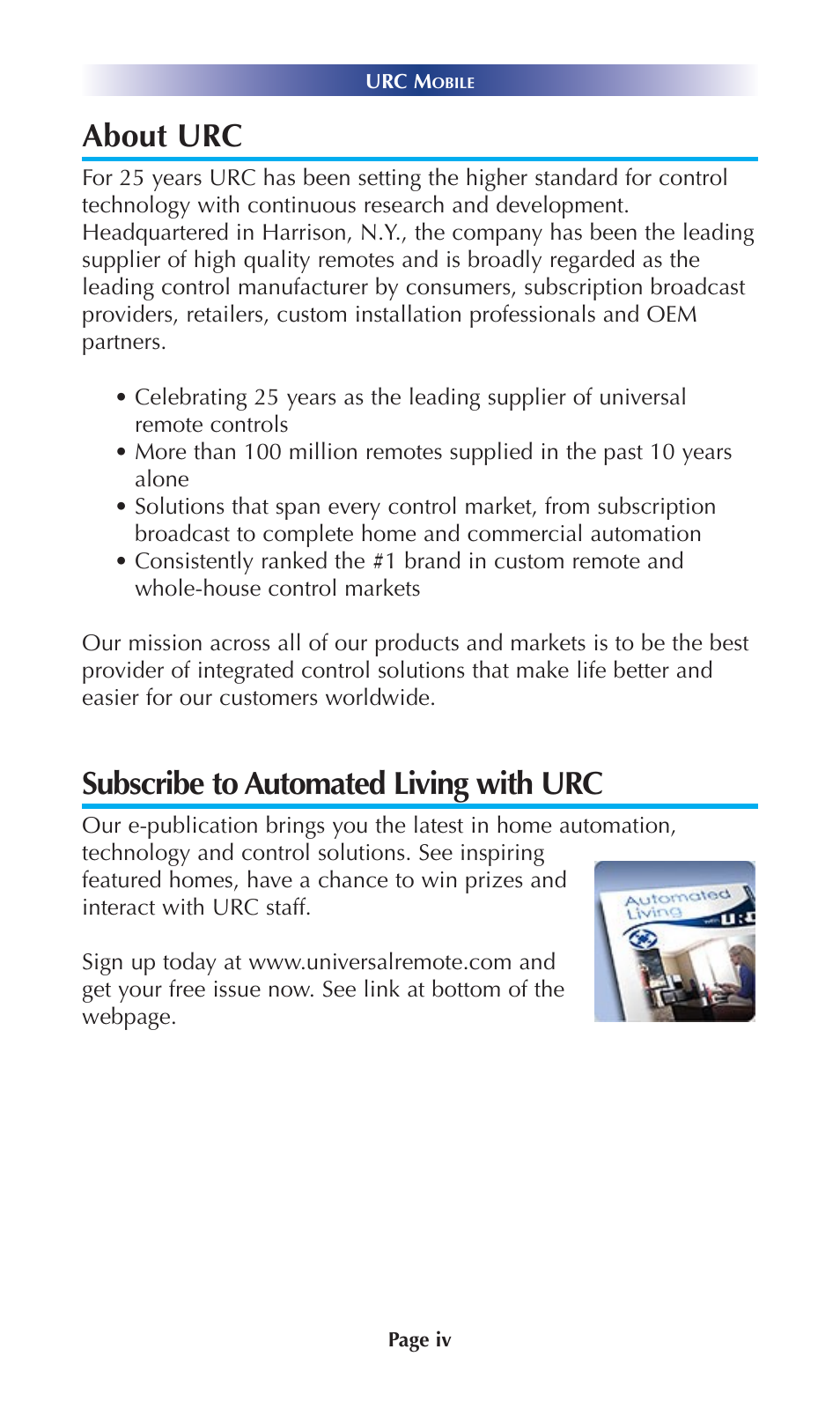 About urc, Subscribe to automated living with urc | Universal Remote Control (URS) Mobile for iOS v2 User Manual | Page 4 / 34