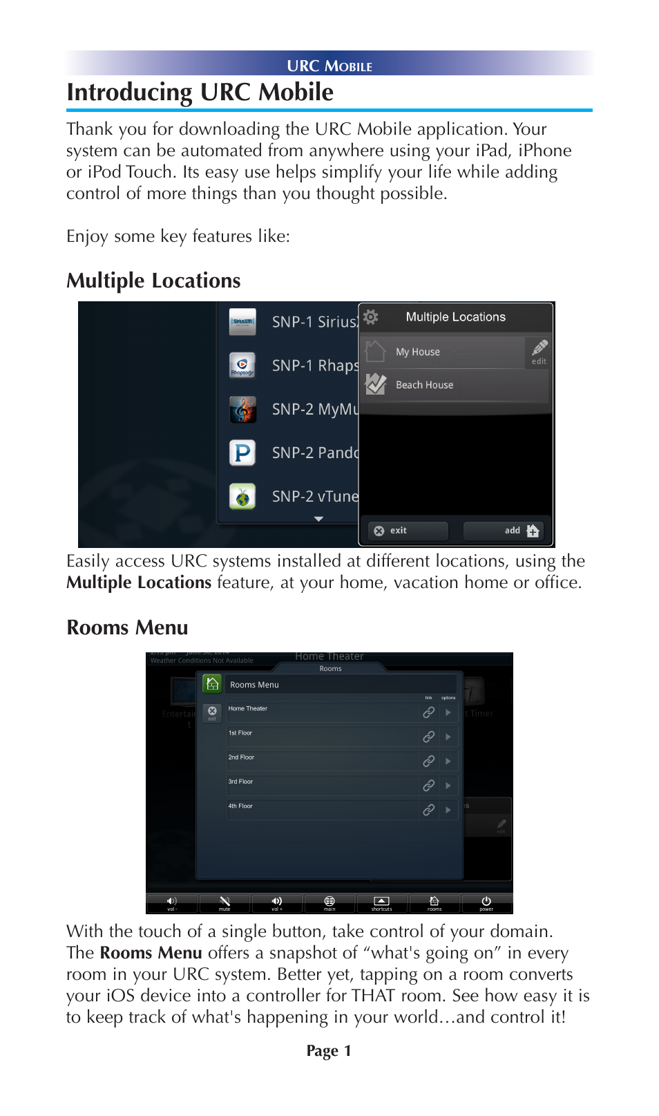 Introducing urc mobile, Multiple locations, Rooms menu | Universal Remote Control (URS) Mobile for iOS v2 User Manual | Page 6 / 34