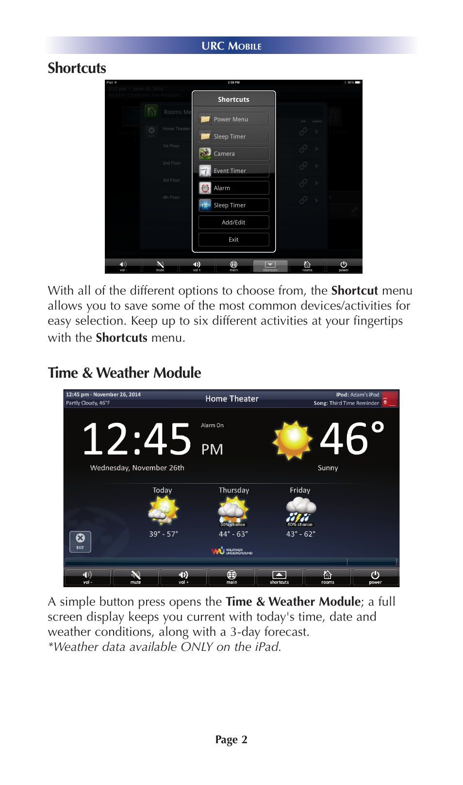 Shortcuts, Time & weather module | Universal Remote Control (URS) Mobile for iOS v2 User Manual | Page 7 / 34