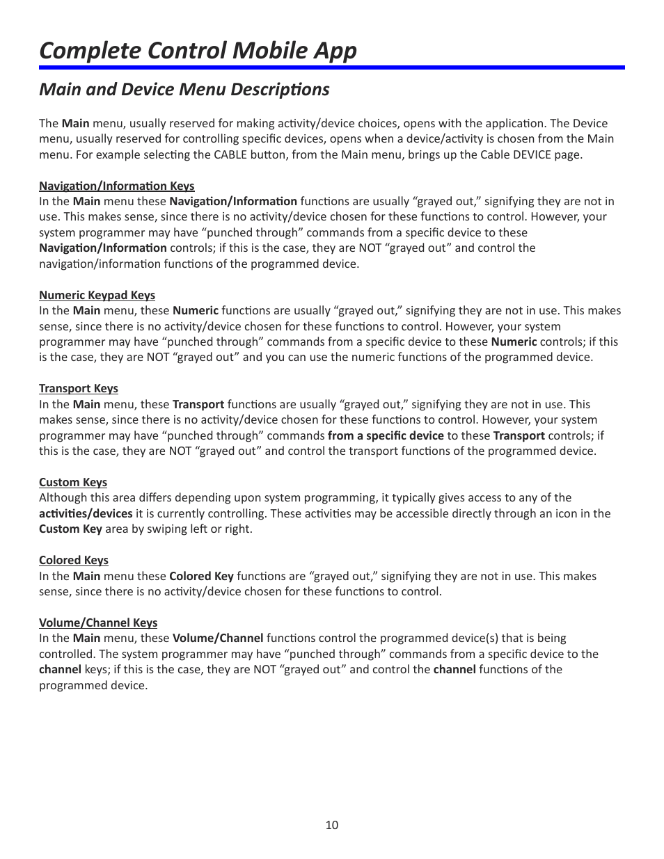 Complete control mobile app, Main and device menu descriptions | Universal Remote Control (URS) Complete Control Mobile App for iDevices User Manual | Page 11 / 14