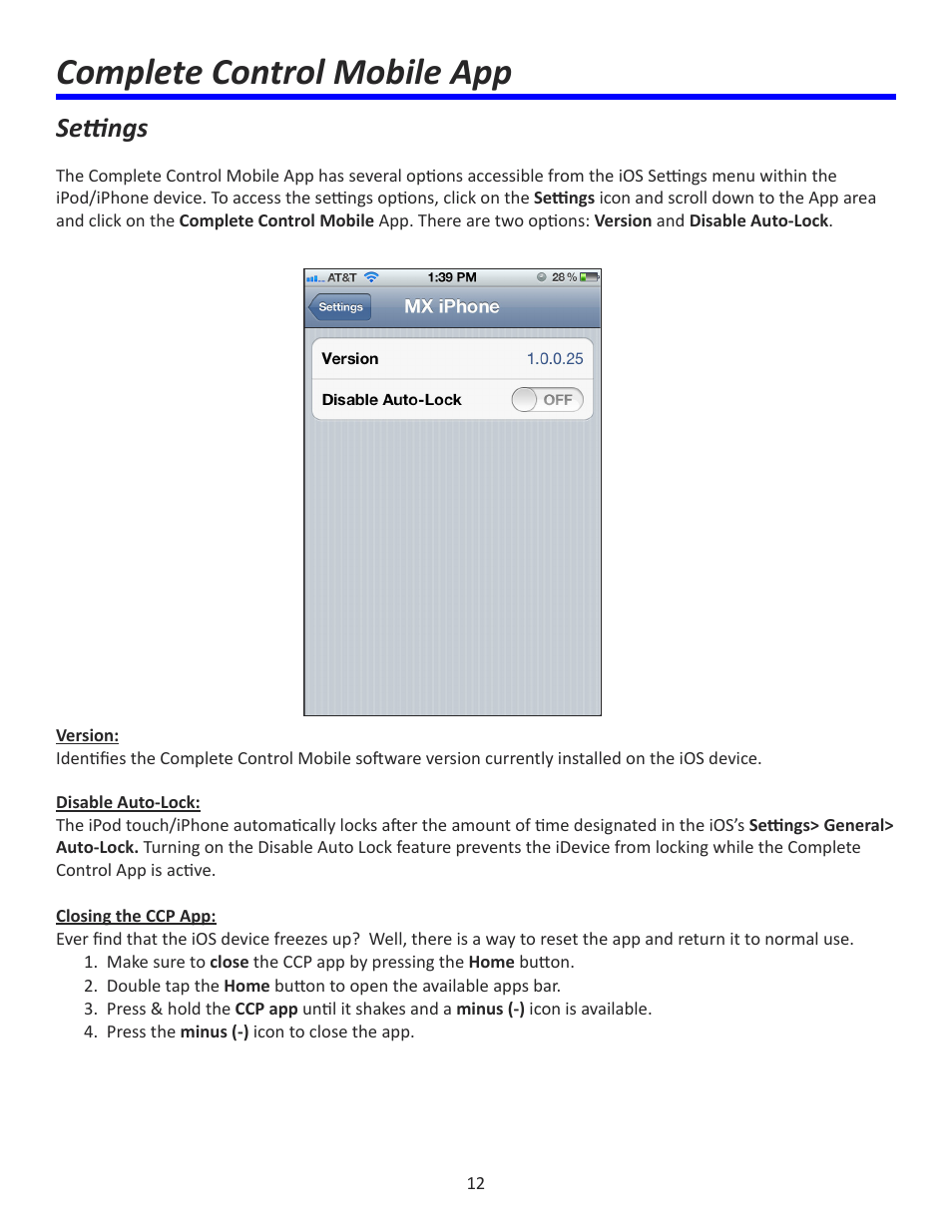 Complete control mobile app, Settings | Universal Remote Control (URS) Complete Control Mobile App for iDevices User Manual | Page 13 / 14