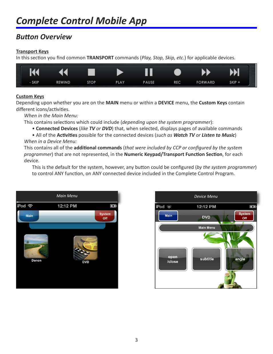 Complete control mobile app, Button overview | Universal Remote Control (URS) Complete Control Mobile App for iDevices User Manual | Page 4 / 14