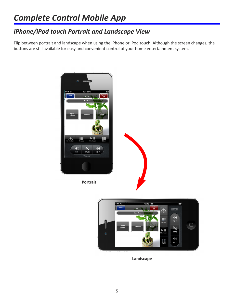 Complete control mobile app, Iphone/ipod touch portrait and landscape view | Universal Remote Control (URS) Complete Control Mobile App for iDevices User Manual | Page 6 / 14