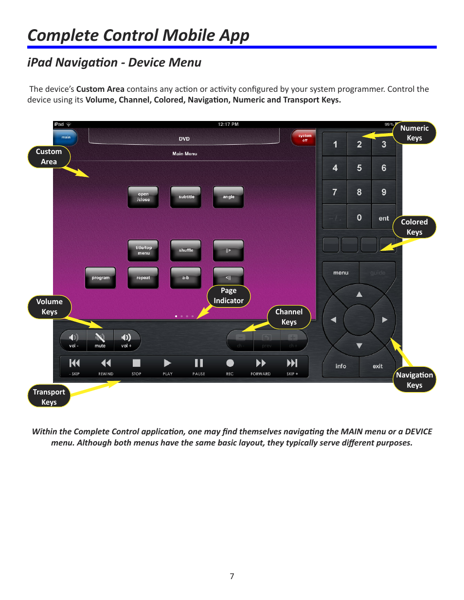 Complete control mobile app, Ipad navigation - device menu | Universal Remote Control (URS) Complete Control Mobile App for iDevices User Manual | Page 8 / 14