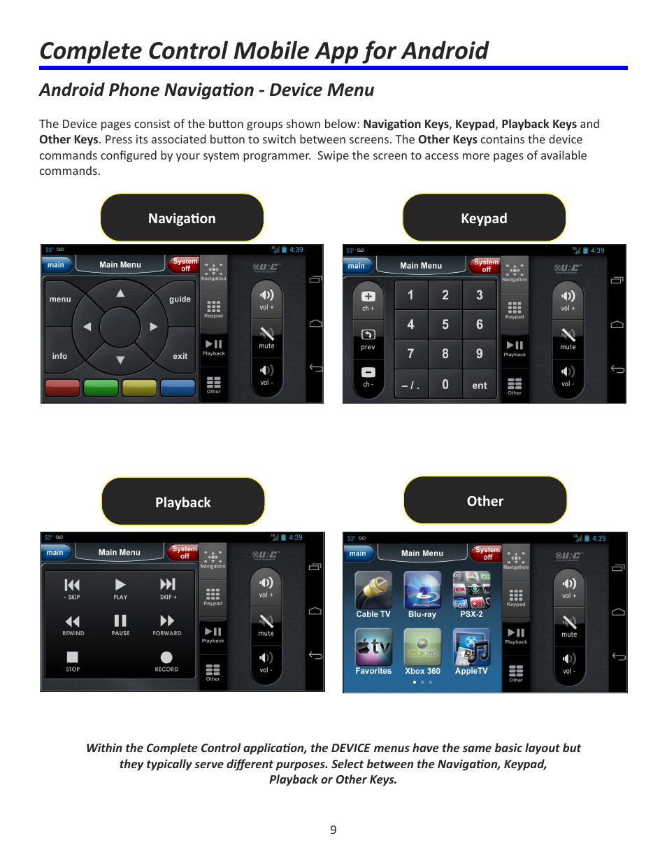 Complete control mobile app for android, Android phone navigation - device menu | Universal Remote Control (URS) Complete Control Mobile App for Android User Manual | Page 10 / 14