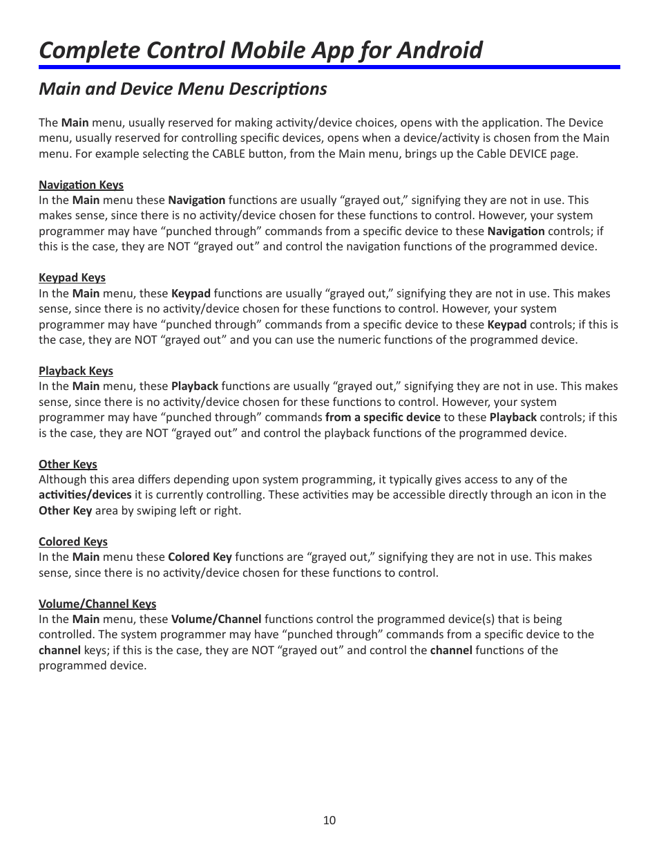 Complete control mobile app for android, Main and device menu descriptions | Universal Remote Control (URS) Complete Control Mobile App for Android User Manual | Page 11 / 14