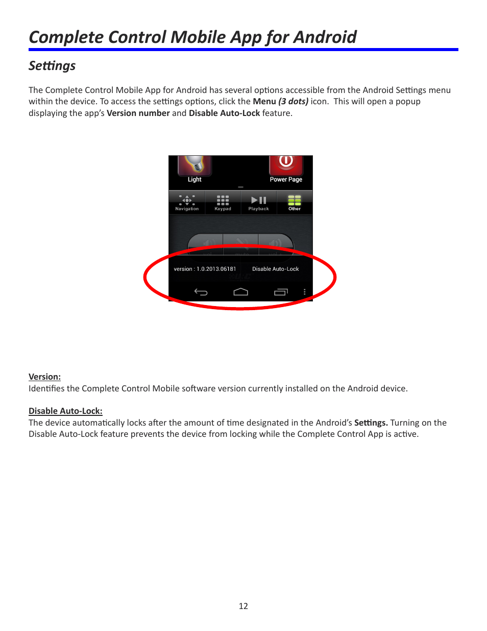 Complete control mobile app for android, Settings | Universal Remote Control (URS) Complete Control Mobile App for Android User Manual | Page 13 / 14