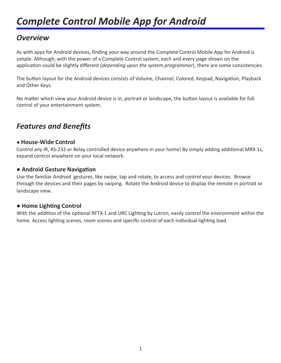 Complete control mobile app for android, Features and beneﬁts, Overview | Universal Remote Control (URS) Complete Control Mobile App for Android User Manual | Page 2 / 14