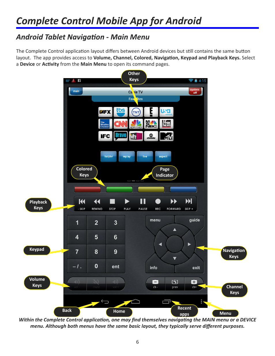 Complete control mobile app for android, Android tablet navigation - main menu | Universal Remote Control (URS) Complete Control Mobile App for Android User Manual | Page 7 / 14