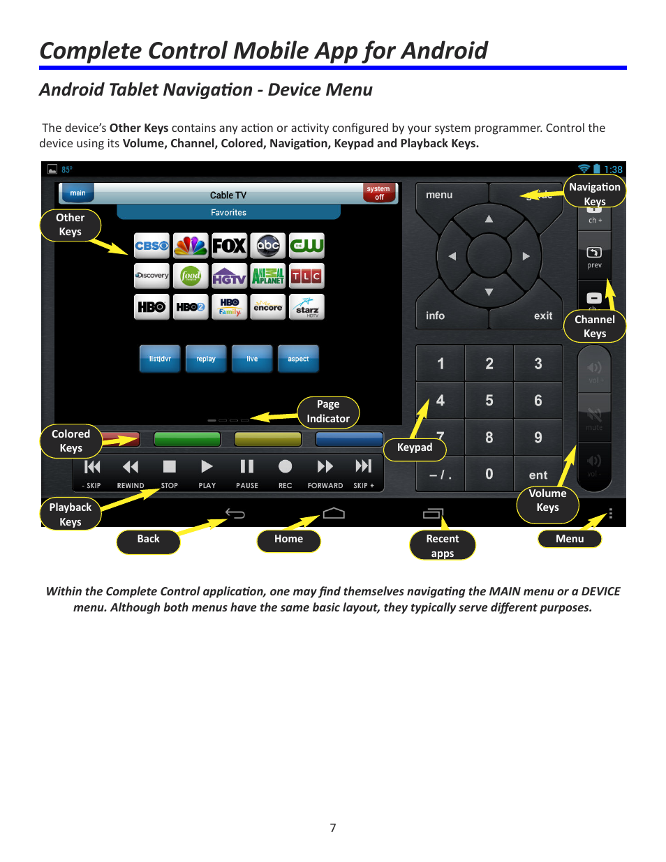 Complete control mobile app for android, Android tablet navigation - device menu | Universal Remote Control (URS) Complete Control Mobile App for Android User Manual | Page 8 / 14