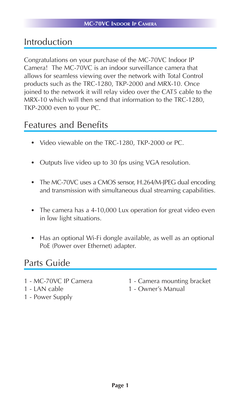 Introduction, Features and benefits, Parts guide | Universal Remote Control (URS) MC-70VC User Manual | Page 4 / 12