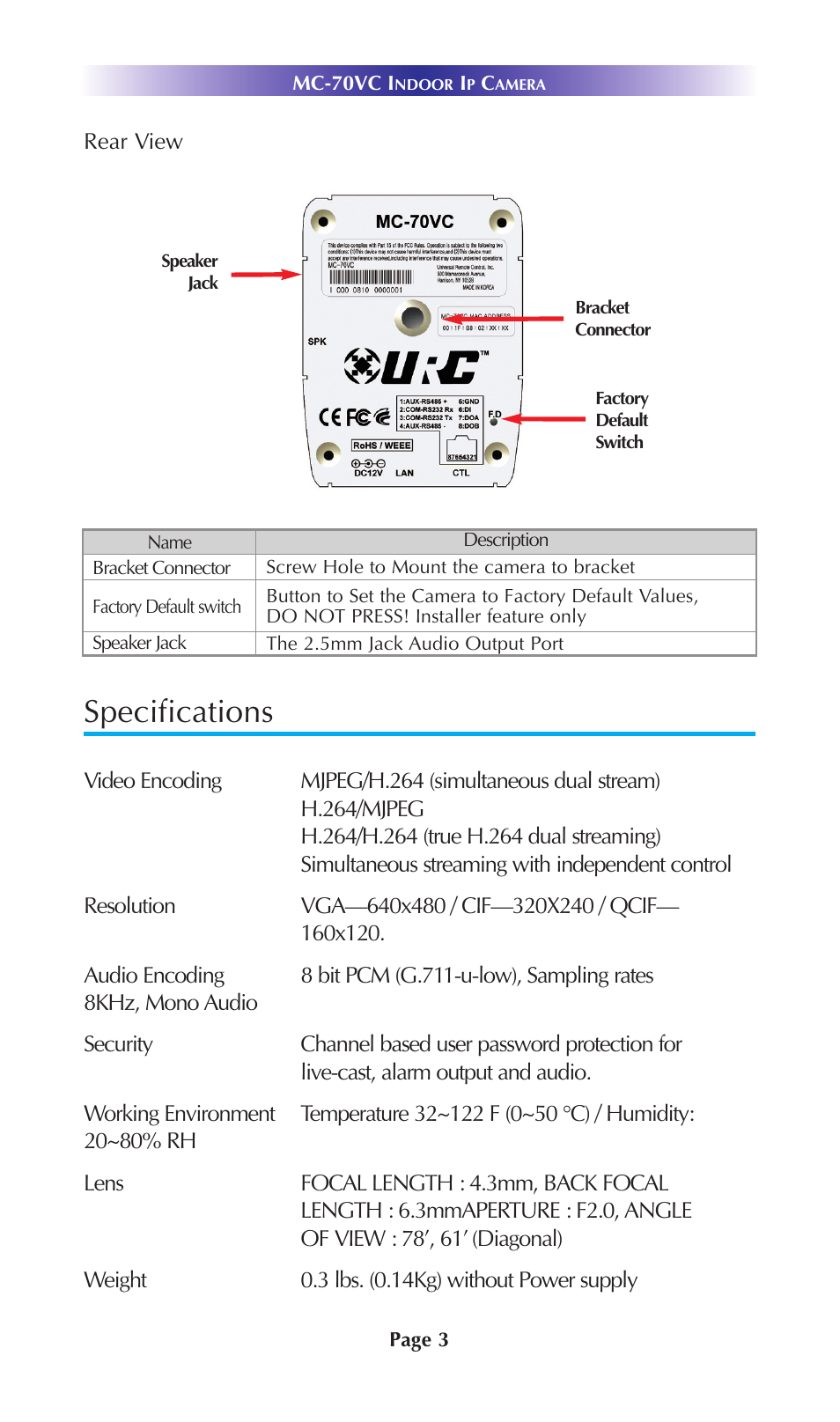 Specifications | Universal Remote Control (URS) MC-70VC User Manual | Page 6 / 12
