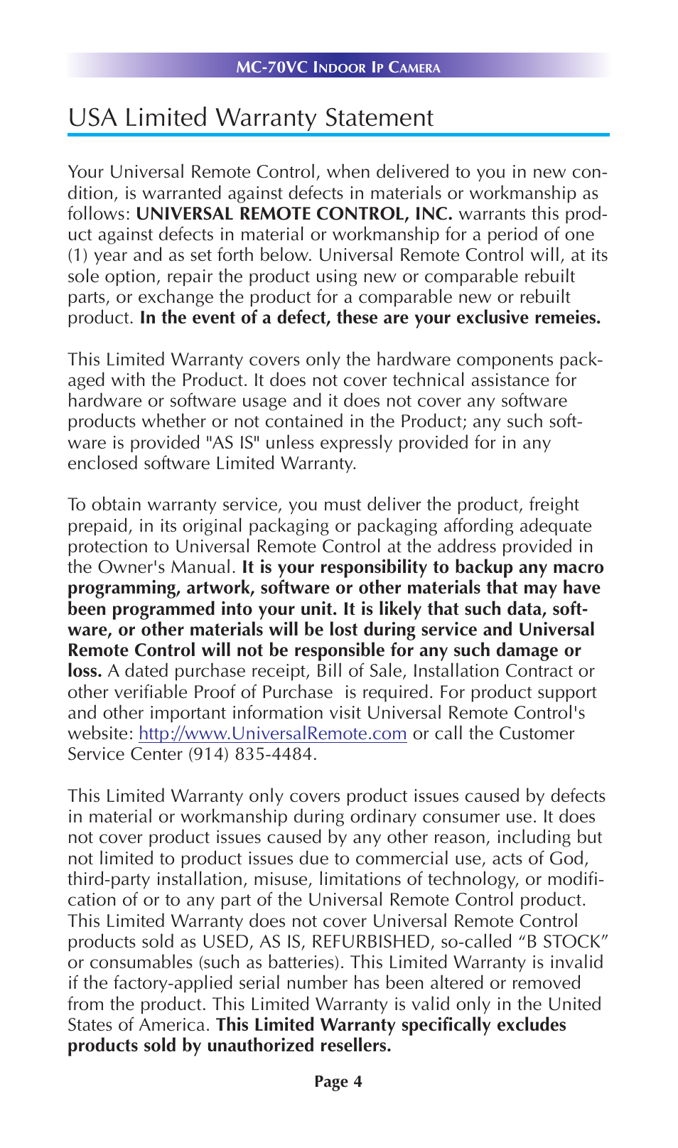 Usa limited warranty statement | Universal Remote Control (URS) MC-70VC User Manual | Page 7 / 12