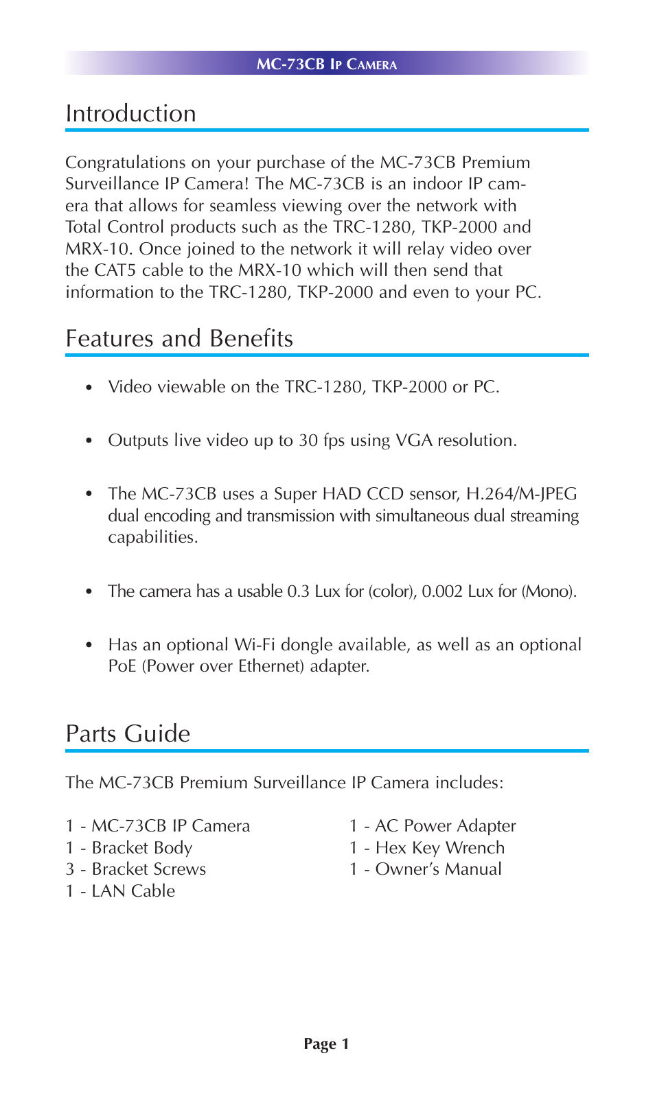 Introduction, Features and benefits, Parts guide | Universal Remote Control (URS) MC-73CB User Manual | Page 4 / 12