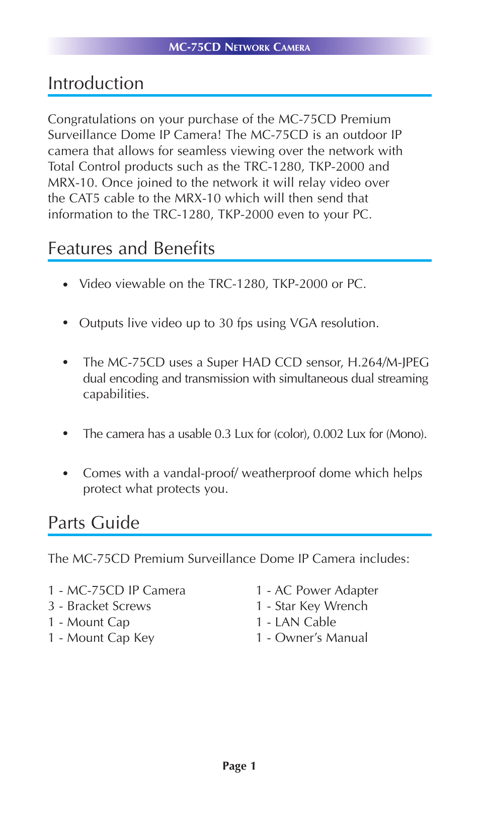 Introduction, Features and benefits, Parts guide | Universal Remote Control (URS) MC-75CD User Manual | Page 4 / 12