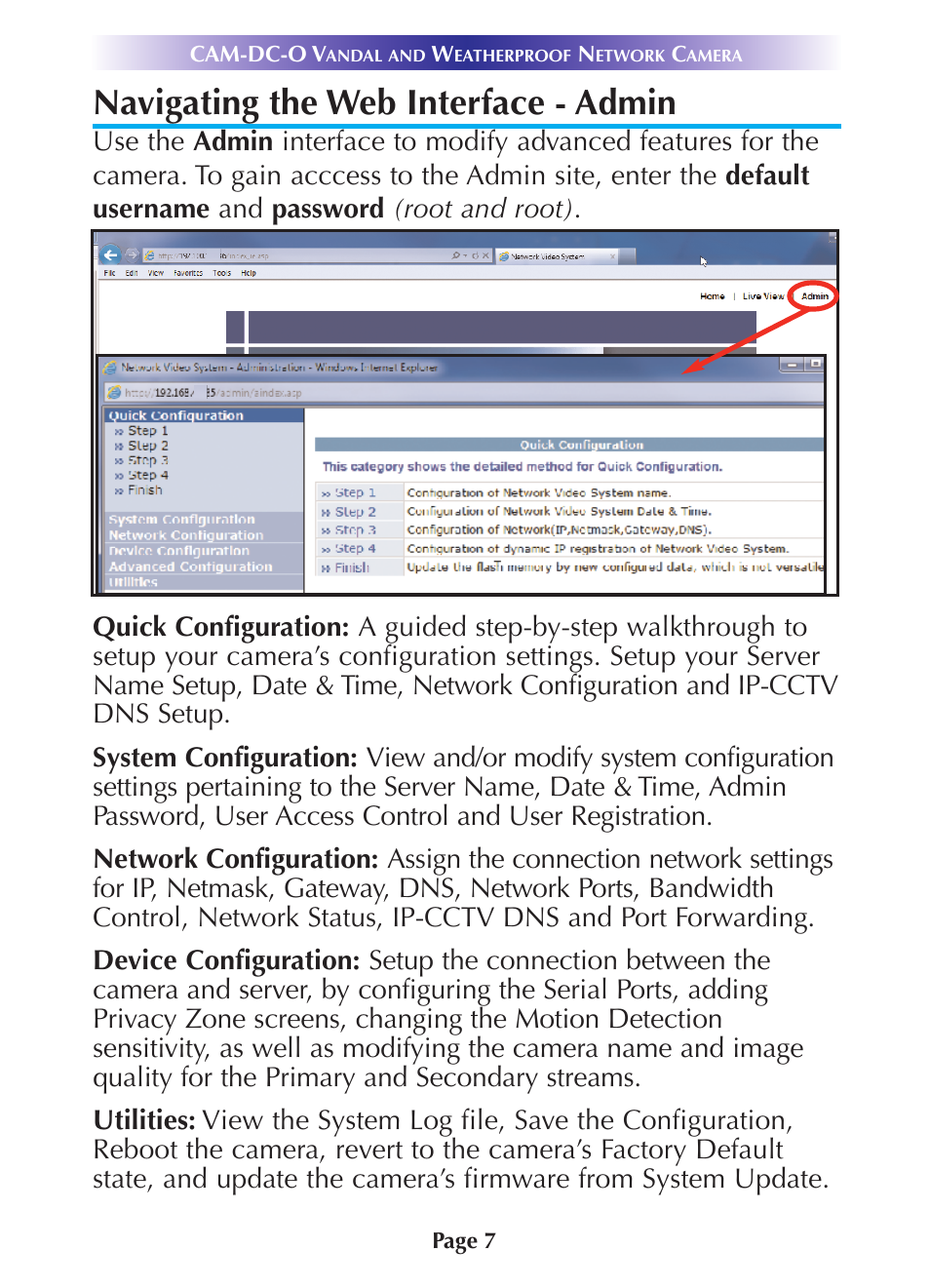 Navigating the web interface - admin, Navigating the web interface - admin 7 | Universal Remote Control (URS) CAM-DC-O User Manual | Page 10 / 20