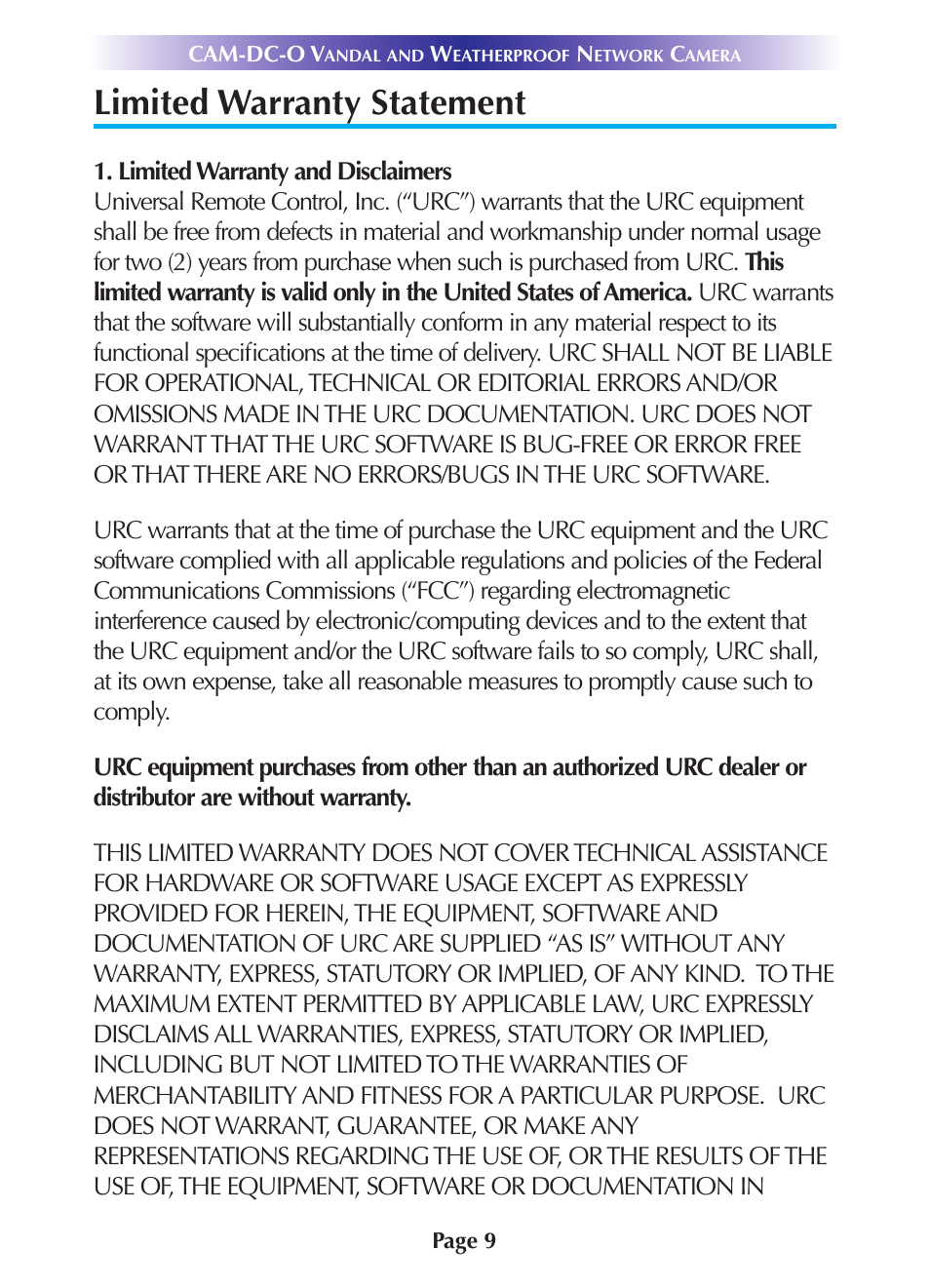 Limited warranty statement, Limited warranty statement 9 | Universal Remote Control (URS) CAM-DC-O User Manual | Page 12 / 20